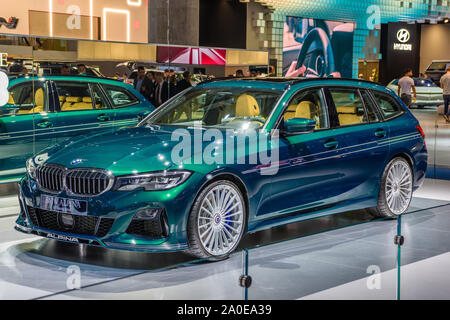 FRANKFURT, GERMANY - SEPT 2019: green emerald BMW ALPINA B3 TOURING ALLROAD G21, IAA International Motor Show Auto Exhibtion. Stock Photo