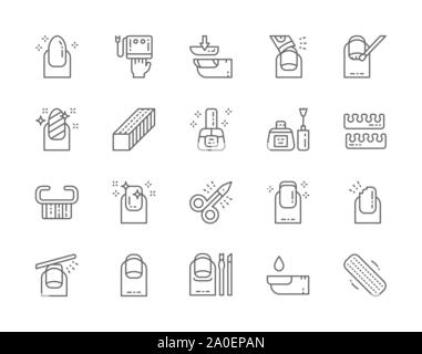 Set of Nail Salon Line Icons. Scissors, Extended Nails, Polish Remover and more. Stock Vector