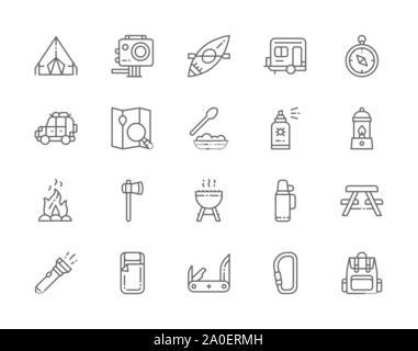 Set of Camping Line Icons. BBQ, Canoe, Trailer, Jackknife, Gas Lamp and more. Stock Vector