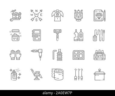 Set of Tattoo Studio Line Icons. Rubber Gloves, Vaseline, Ink Bottles and more. Stock Vector