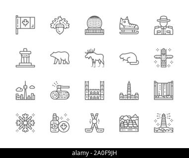 Set of Canadian Culture Line Icons. Sports Equipment, Police, Bear, Elk and more Stock Vector