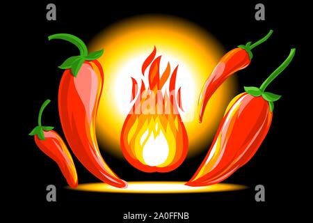 Chili with blaze burn flame in black background. Drawing vector by brushing style and glowing at center. Available edit layers objects, good for graph Stock Vector