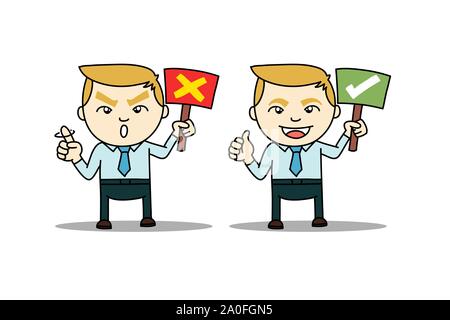 Worker business man with true and fault signs. Signature for deny and allow or good and bad. drawing vector illustration for presenting. Stock Vector