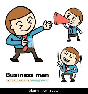 Business man in 3 actions of Happy set as proudly, announce and satisfy. Drawing vector for business or graphic design. Stock Vector