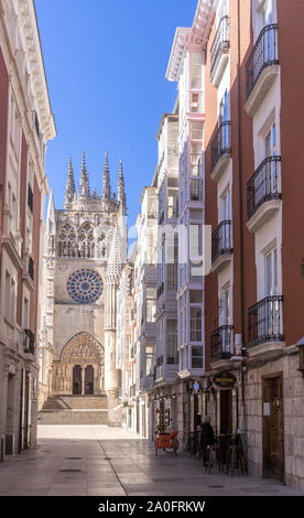 French Gothic Cathedral of St. Mary, whose 3 main doorways are flanked by ornamented bell towers. Inside is the Chapel of Condestable, tomb of El Cid Stock Photo