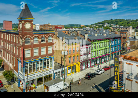 Aerial view of colorful Findlay market in the re-gentrified Over the Rhine neighborhood of Cincinnati Ohio USA with street vendors Stock Photo