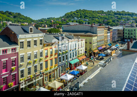 Aerial view of colorful Findlay market in the re-gentrified Over the Rhine neighborhood of Cincinnati Ohio USA with street vendors Stock Photo