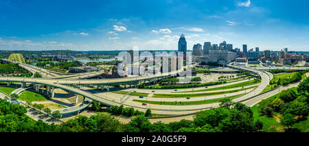 Cincinnati downtown aerial panorama from Mount Adams with crossing highways in Ohio Stock Photo