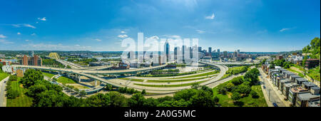 Cincinnati downtown aerial panorama from Mount Adams with crossing highways in Ohio Stock Photo