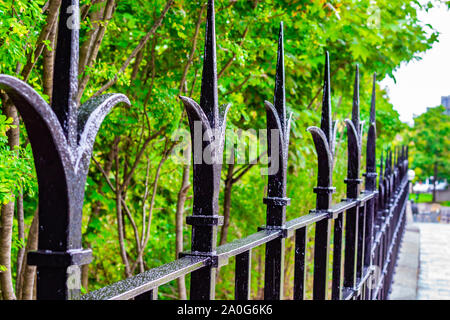 A decorated black iron fence runs along trees separating a pathway from a steep wooded hill. Stock Photo
