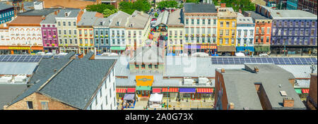 Aerial view of colorful Findlay market in the re-gentrified Over the Rhine neighborhood of Cincinnati Ohio USA with street vendors Stock Photo