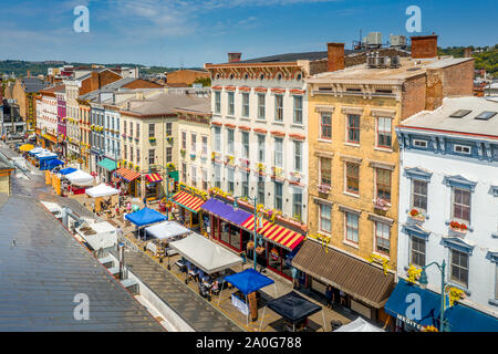Aerial view of colorful Findlay market in the re-gentrified Over the Rhine neighborhood of Cincinnati Ohio USA with street vendors Stock Photo