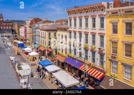 Aerial view of colorful Findlay market in the re-gentrified Over the Rhine neighborhood of Cincinnati Ohio USA with street vendors Stock Photo