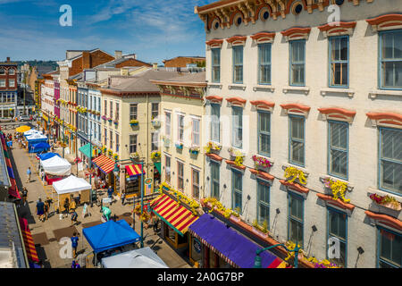 Aerial view of colorful Findlay market in the re-gentrified Over the Rhine neighborhood of Cincinnati Ohio USA with street vendors Stock Photo