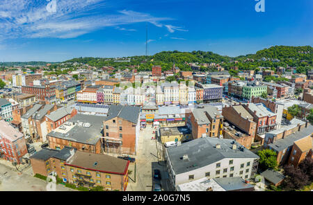 Aerial view of colorful Findlay market in the re-gentrified Over the Rhine neighborhood of Cincinnati Ohio USA with street vendors Stock Photo