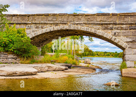The five-span arched stone bridge in Pakenham, a village in Mississippi Mills, Ontario, Canada, is the only one of its kind in North America. Stock Photo