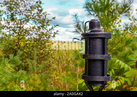 A metal torch stands against trees and reeds by a lake. Stock Photo
