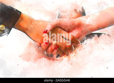 Abstract business handshake concept watercolor illustration painting background. Stock Photo