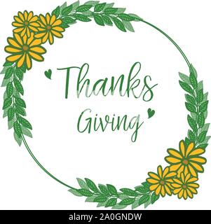 Text greeting card of thanksgiving, with green leafy flower frame background. Vector Stock Vector