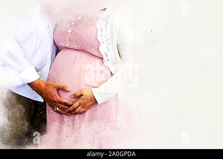 Abstract colorful close-up pregnant woman with husband and hug on white background on watercolor illustration painting background. Stock Photo
