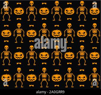 Seamless pattern with skeletons, pumpkins and bats Stock Vector