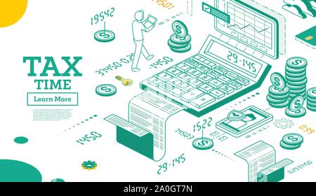 Tax Concept in Isometric 3d Style. Vector Illustration. Cash Coin Money in Stacks and Calculator Isolated on White. Tax Form and Chart. Stock Vector