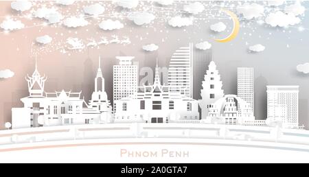 Phnom Penh Cambodia City Skyline in Paper Cut Style with Snowflakes, Moon and Neon Garland. Vector Illustration. Christmas and New Year Concept. Santa Stock Vector