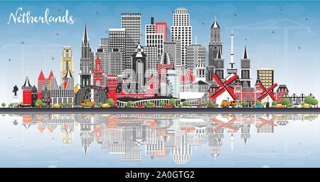 Netherlands Skyline with Gray Buildings, Blue Sky and Reflections