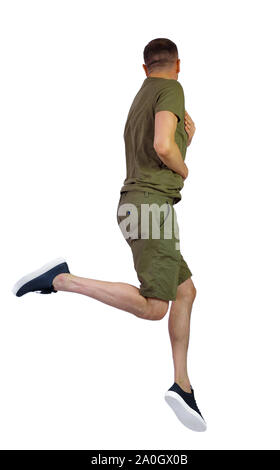 Back view of man in zero gravity or a fall. guy is flying, falling or floating in the air. Side view people collection. side view of person. Isolated Stock Photo