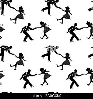 Seamless pattern with couples dancing jazz. Black and white colors. 1940s and 1930s style. Woman in dress with dots and man with suspenders and tie. Stock Vector