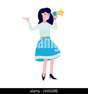 Business woman agitator with megaphone speaker shouting out flat style design vector illustration isolated on white background. Stock Vector