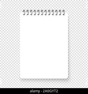 Vertical realistic spiral notepad with shadow. Clean realistic note sqarred page. Blank vector notebook on transparent background. Top view. Stock Vector
