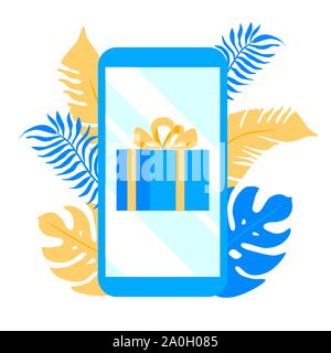 Smartphone with gift on the screen and plants behing flat style design vector illustration. Present concepts symbols. Stock Vector