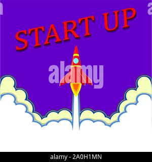 Flat drawing of the rocket. Business startup . The rocket takes off to the stars. Startup name in red letters. Vector Stock Vector