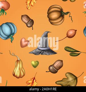 Vector illustration autumn seamless pattern for Halloween day with wide-brimmed hat, pumpkins, oak leaves and acorns Stock Vector
