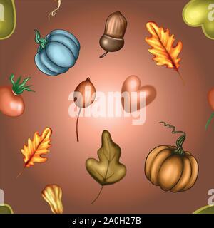 Vector illustration of a colored autumn seamless pattern of pumpkin vegetables, tree leaves, berries on the background Stock Vector