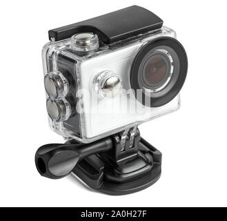 Action camera in a waterproof box isolated on white background. Stock Photo