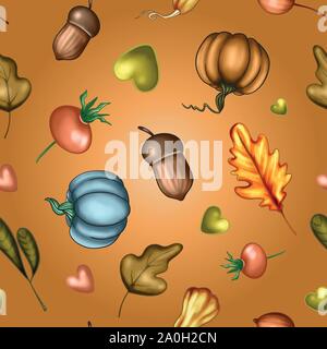 Vector illustration of a colored autumn seamless pattern of pumpkin vegetables, tree leaves, berries on the background Stock Vector