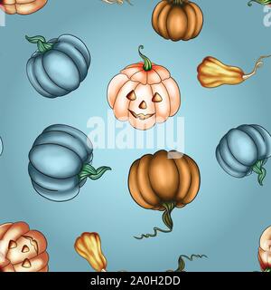 Vector illustration of a colored autumn seamless pattern of pumpkin vegetables for halloween with a horror face Stock Vector