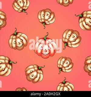 Vector illustration of a colored autumn seamless pattern of pumpkin vegetables for halloween with a horror face Stock Vector