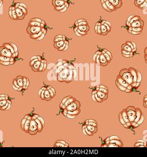 Vector illustration of a colored autumn seamless pattern of pumpkin vegetables for halloween with a horror face Stock Vector
