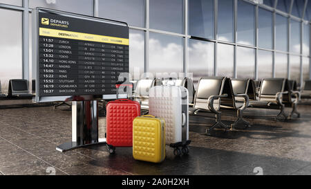 Airport boarding sign, and luggages inside airport waiting room. 3D illustration. Stock Photo