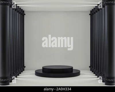 Empty light room with white brick walls and black columns. 3d rendering Stock Photo