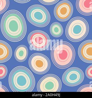 Seamless repeat tossed pattern of hand drawn colourful circles. Vector hand drawn round shapes with lines. Stock Vector