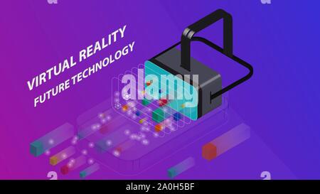 Isometric Virtual Reality Concept. Flat Design Template for mobile app and website. VR headset. Blue and purple Gradient Background. Stock Vector