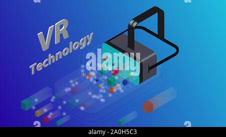 Isometric Virtual Reality Concept. Flat Design Template for mobile app and website. VR headset. Blue Gradient Background. Stock Vector