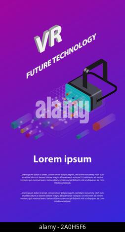 Isometric Virtual Reality Concept. Flat Design Template for mobile app and website. VR headset. Blue and purple Gradient Background. Stock Vector