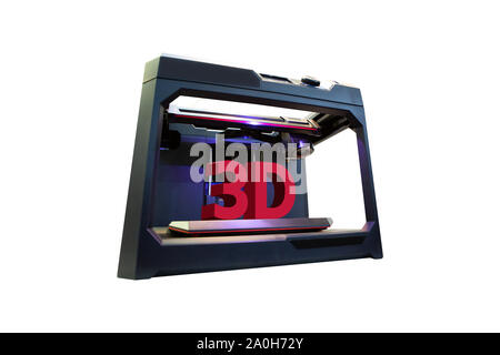 3d printer with a printed text '3D' isolated on white Stock Photo
