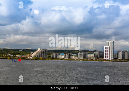An interesting selection of modern architectural styles for housing inside the new barrage across Cardiff Bay, Glamorgan, Wales, UK Stock Photo