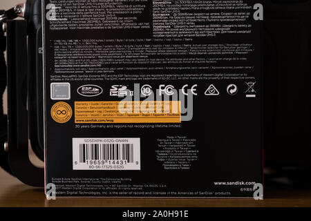 Largs, Scotland, UK - August 24, 2019: Sandisk branded Extreme Pro SDHC UHS-11 Card card in packaging that is fully recyclable with relevant symbols a Stock Photo